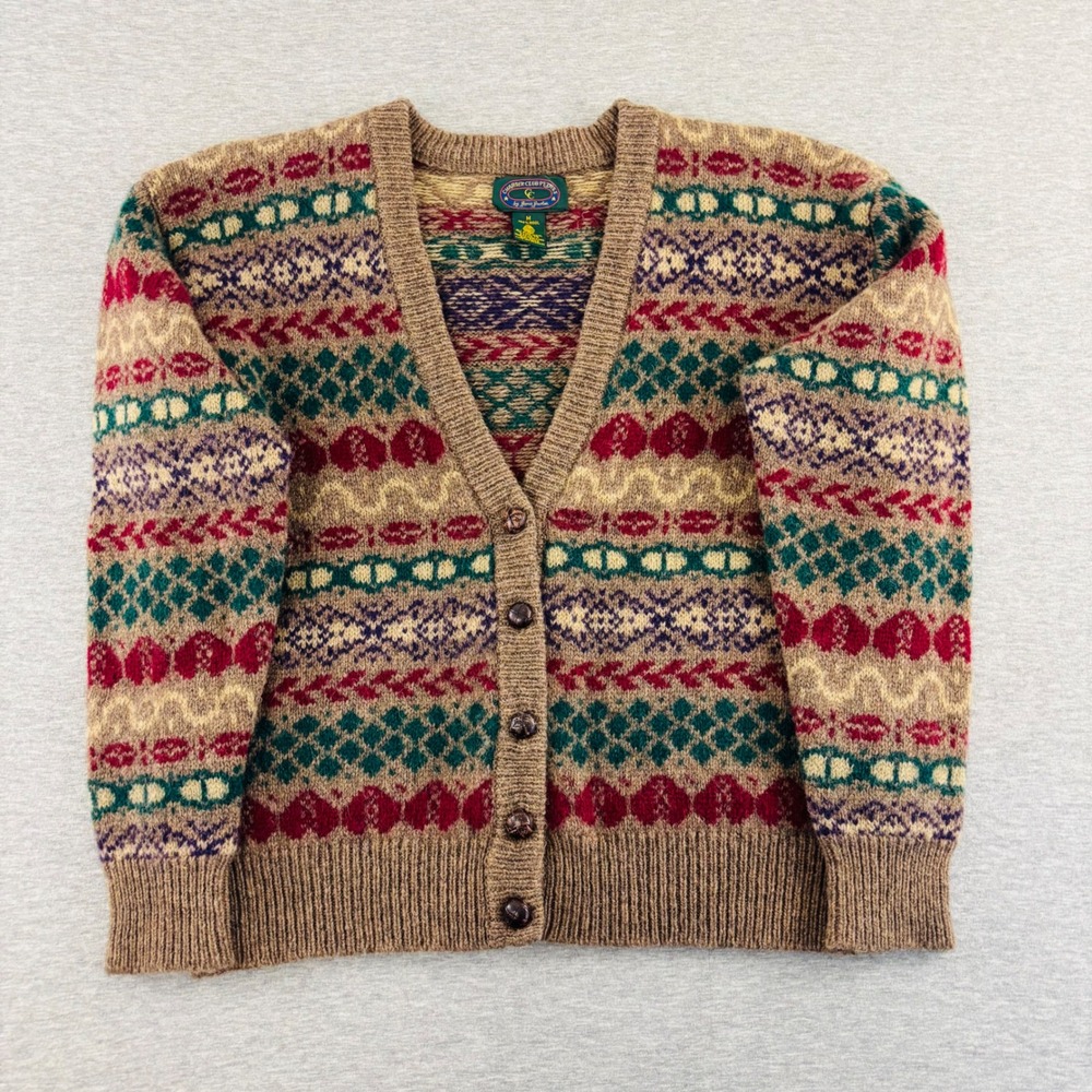 Vintage Charter Club Petites Wool Fair Isle Cardigan Sweater Brown Women's M